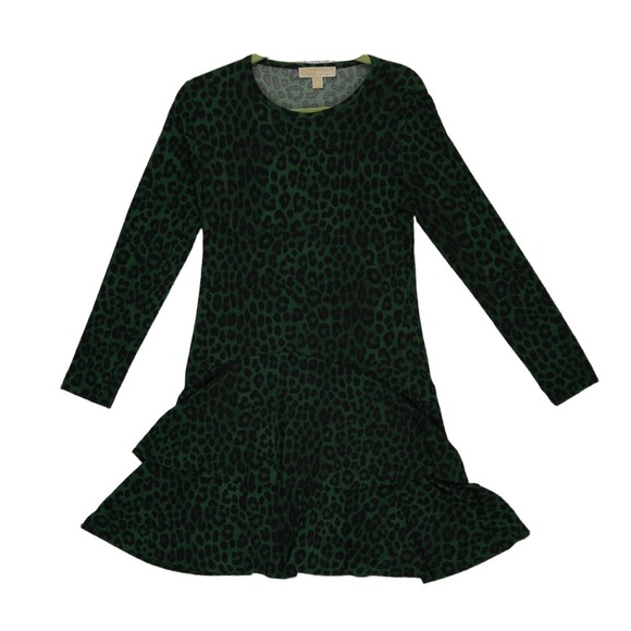 Michael Kors Dresses & Skirts - Michael Kors Green Leopard Print Ruffle Hem Dress Womens Size Medium Long Sleeve